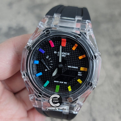 Casioak Mod Transparent Case Black Strap Black Rainbow Time Mark BlackWaffle Dial 44mm- Casioak Mod Casio G-Shock Royal Oak Custom Mens Luxury Watches Ga2100