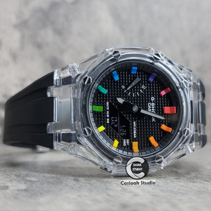 Casioak Mod Transparent Case Black Strap Black Rainbow Time Mark BlackWaffle Dial 44mm- Casioak Mod Casio G-Shock Royal Oak Custom Mens Luxury Watches Ga2100