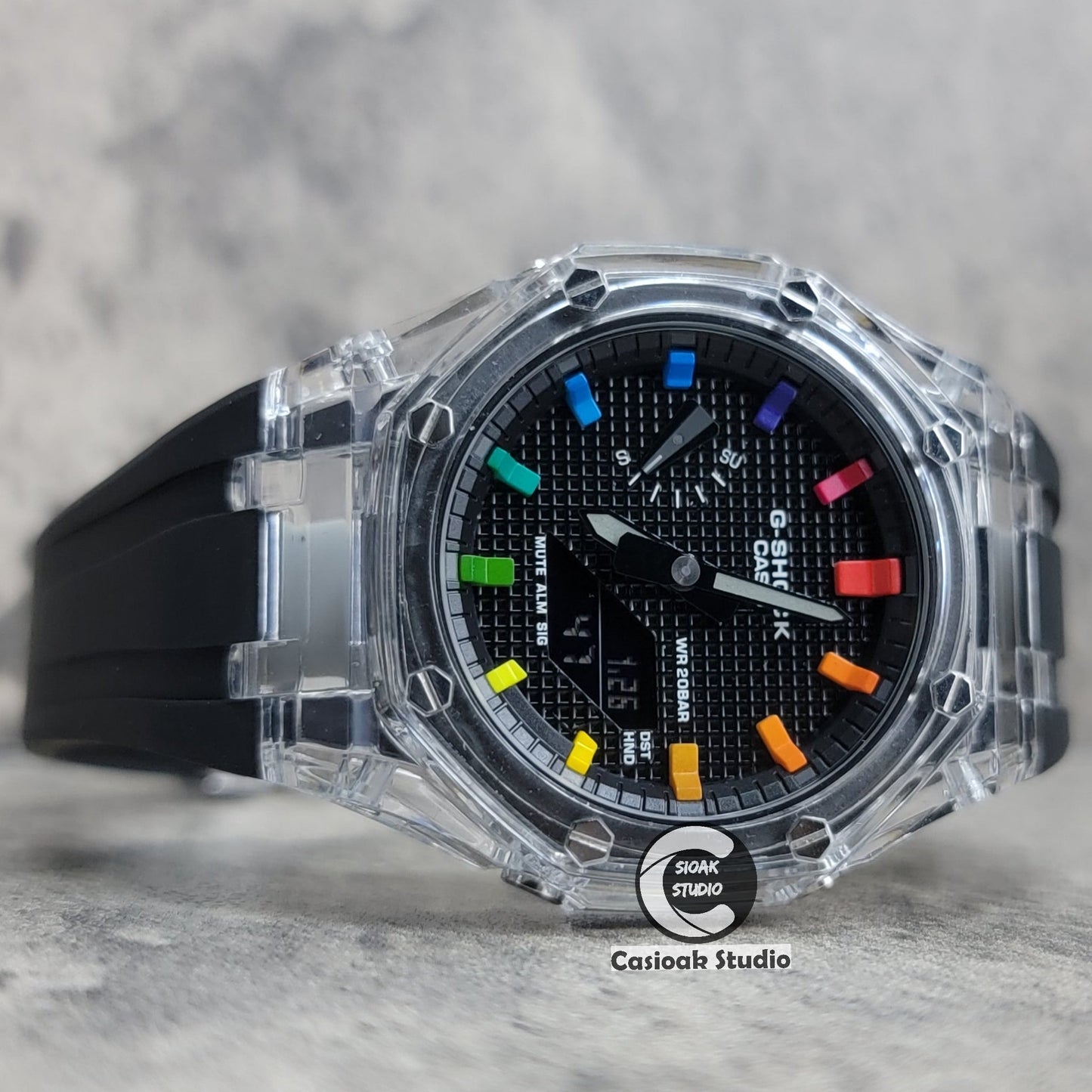 Casioak Mod Transparent Case Black Strap Black Rainbow Time Mark BlackWaffle Dial 44mm- Casioak Mod Casio G-Shock Royal Oak Custom Mens Luxury Watches Ga2100