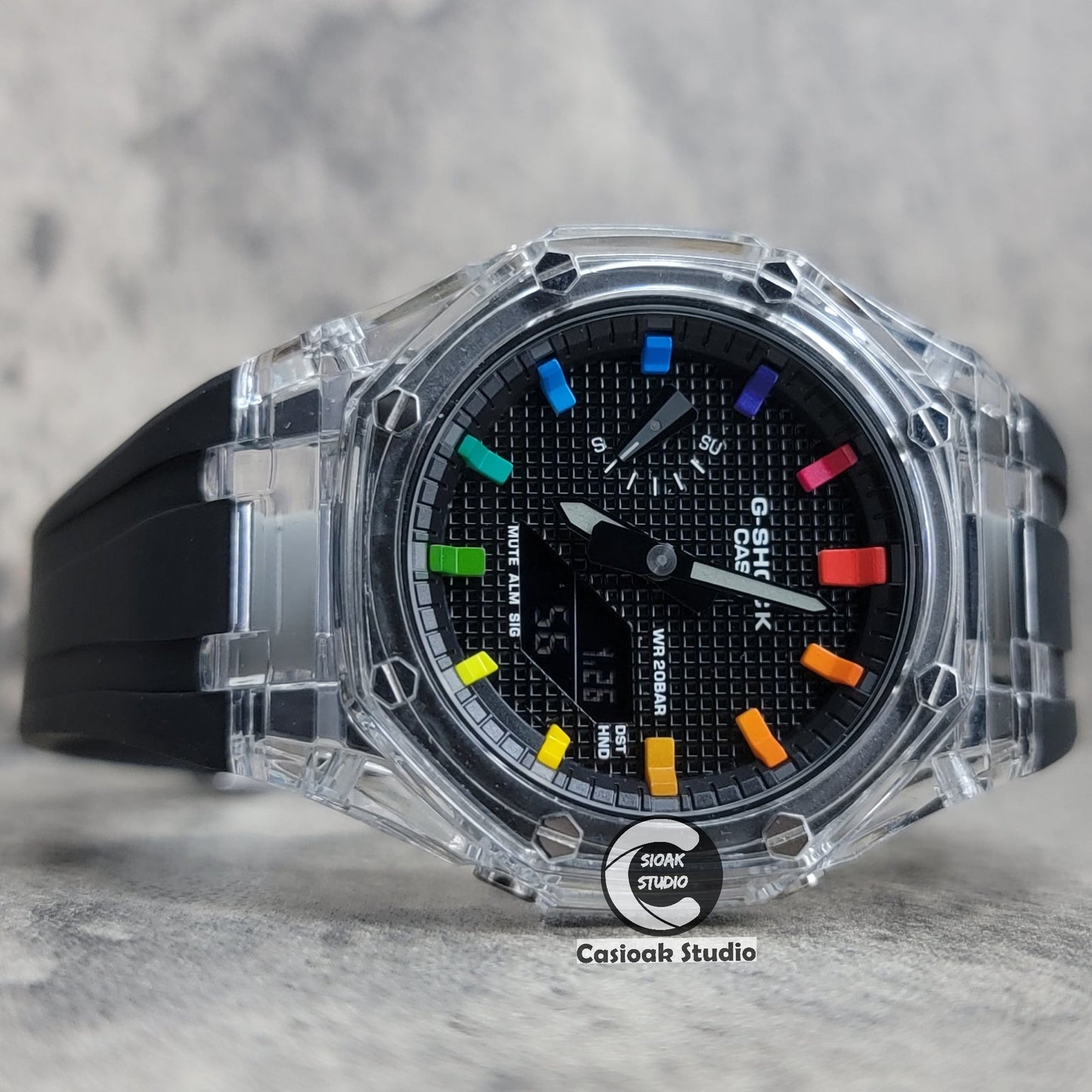 Casioak Mod Transparent Case Black Strap Black Rainbow Time Mark BlackWaffle Dial 44mm- Casioak Mod Casio G-Shock Royal Oak Custom Mens Luxury Watches Ga2100