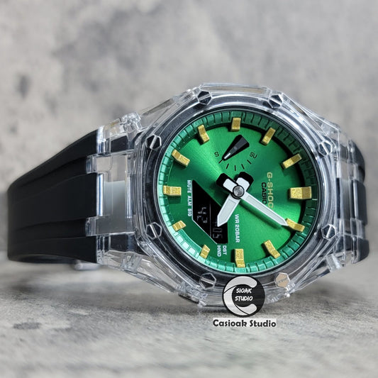 Casioak Mod Transparent Case Black Strap Green Gold Time Mark Green Dial 44mm- Casioak Mod Casio G-Shock Royal Oak Custom Mens Luxury Watches Ga2100