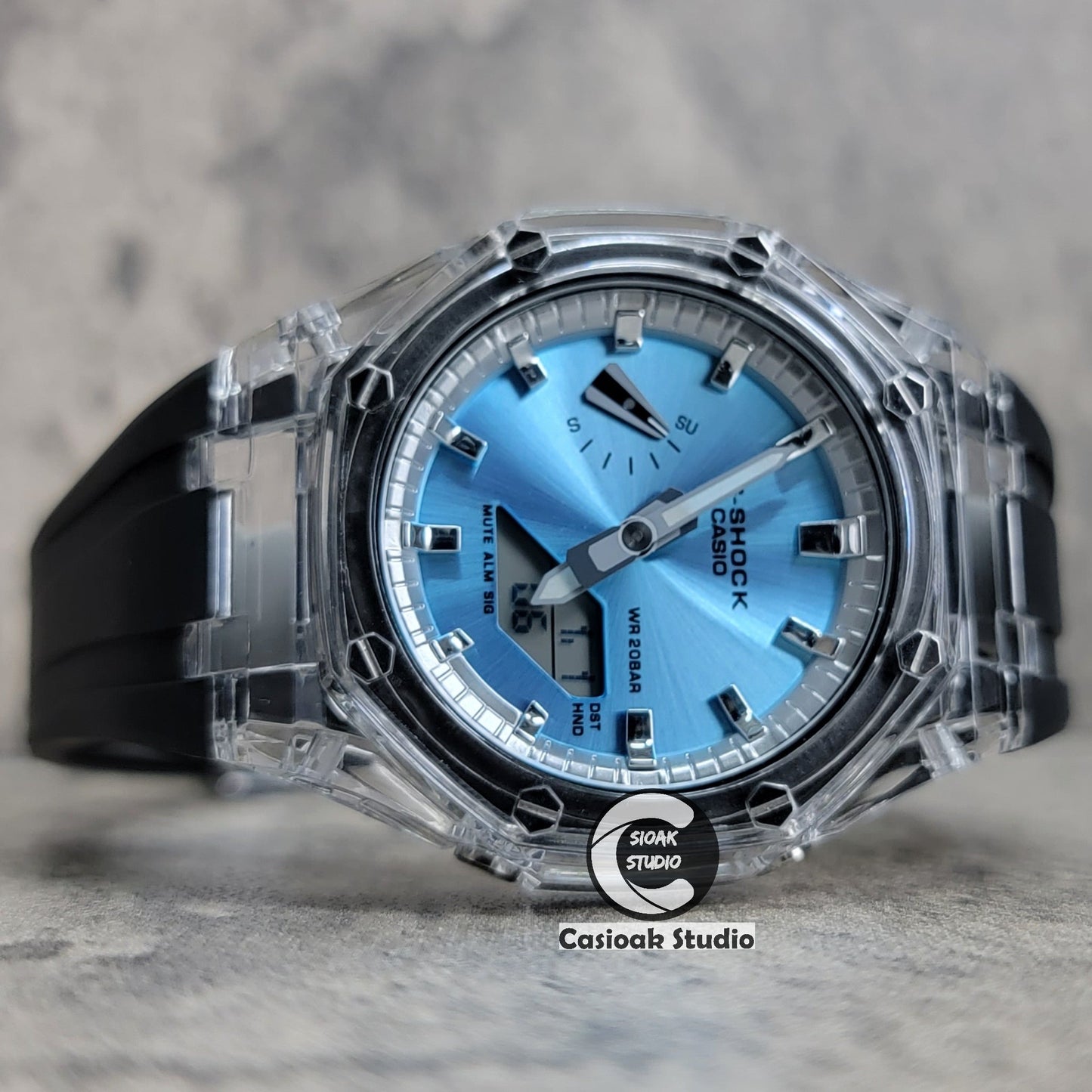 Casioak Mod Transparent Case Black Strap Silver Time Mark Ice Blue Dial 44mm- Casioak Mod Casio G-Shock Royal Oak Custom Mens Luxury Watches Ga2100