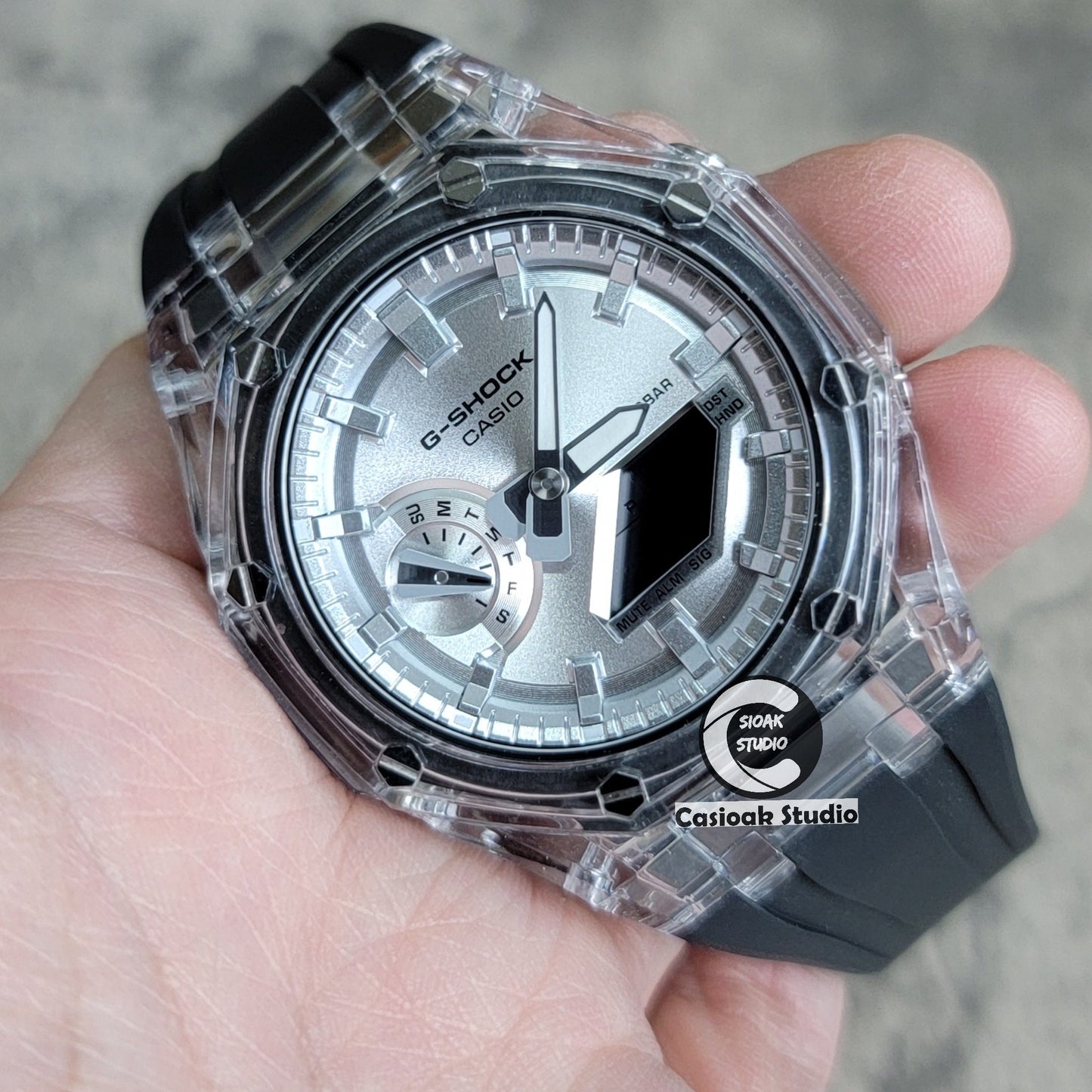 Casioak Mod Transparent Case Black Strap Silver Time Mark Silver Dial 44mm- Casioak Mod Casio G-Shock Royal Oak Custom Mens Luxury Watches Ga2100