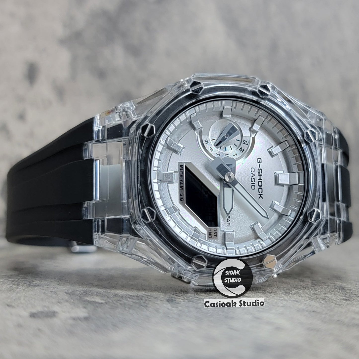 Casioak Mod Transparent Case Black Strap Silver Time Mark Silver Dial 44mm- Casioak Mod Casio G-Shock Royal Oak Custom Mens Luxury Watches Ga2100