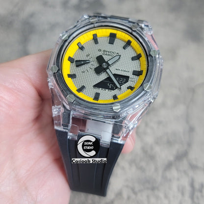 Casioak Mod Transparent Case Black Strap Yellow Black Time Mark Gray Waffle Dial 44mm- Casioak Mod Casio G-Shock Royal Oak Custom Mens Luxury Watches Ga2100