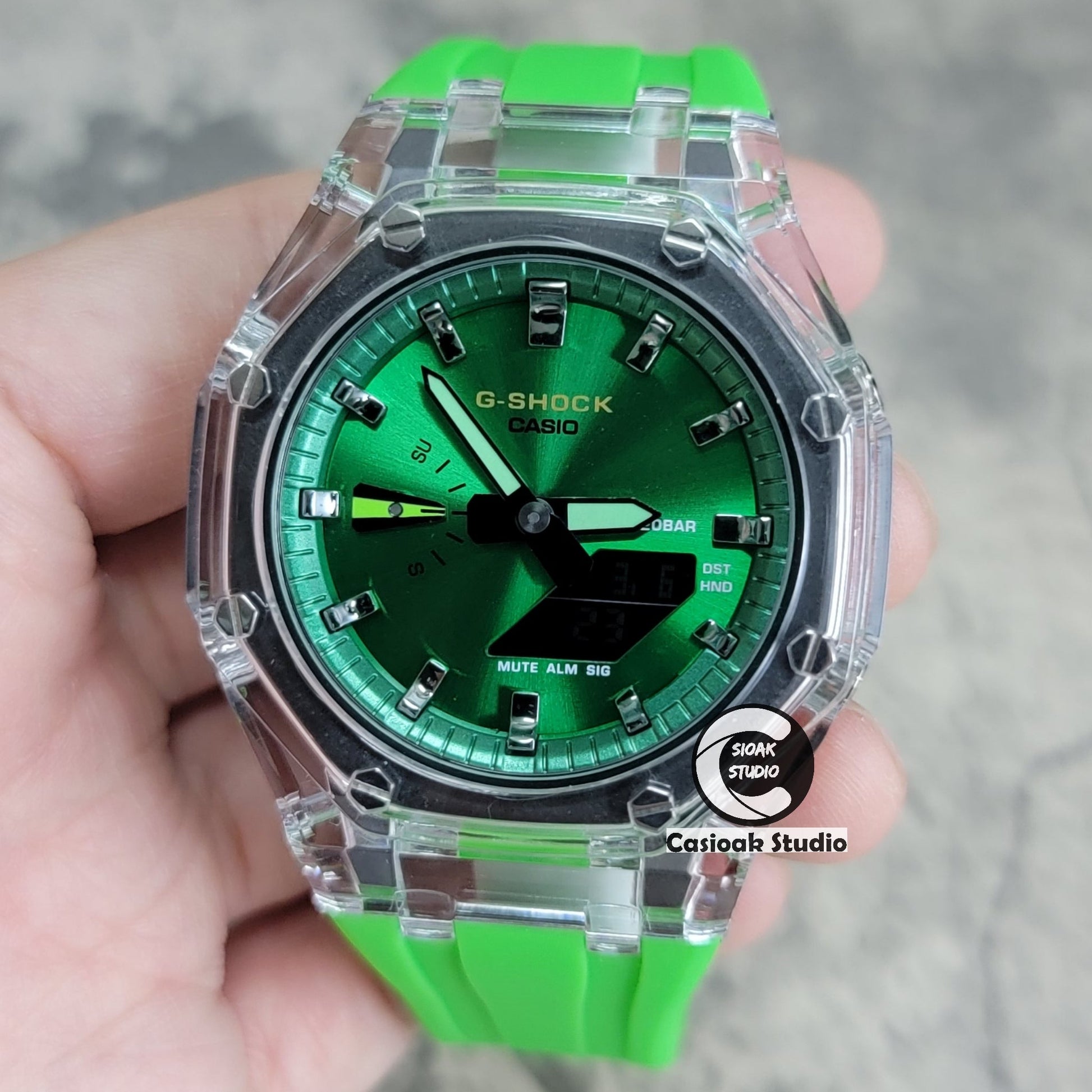 Casioak Mod Transparent Case Green Strap Green Silver Time Mark Green Dial 44mm- Casioak Mod Casio G-Shock Royal Oak Custom Mens Luxury Watches Ga2100