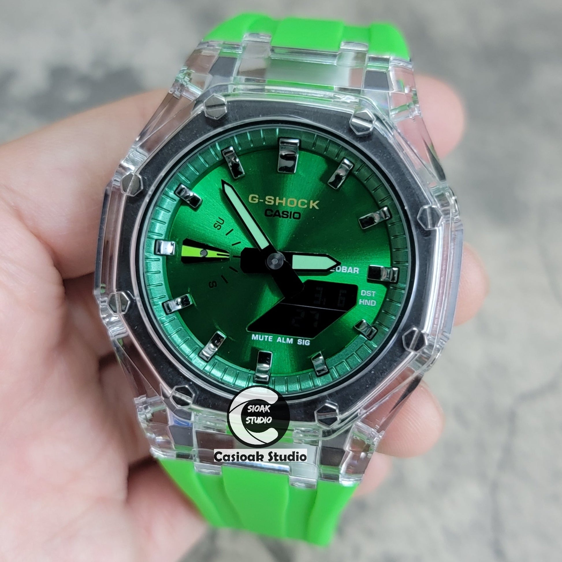 Casioak Mod Transparent Case Green Strap Green Silver Time Mark Green Dial 44mm- Casioak Mod Casio G-Shock Royal Oak Custom Mens Luxury Watches Ga2100