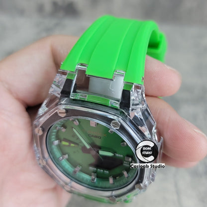 Casioak Mod Transparent Case Green Strap Green Silver Time Mark Green Dial 44mm- Casioak Mod Casio G-Shock Royal Oak Custom Mens Luxury Watches Ga2100