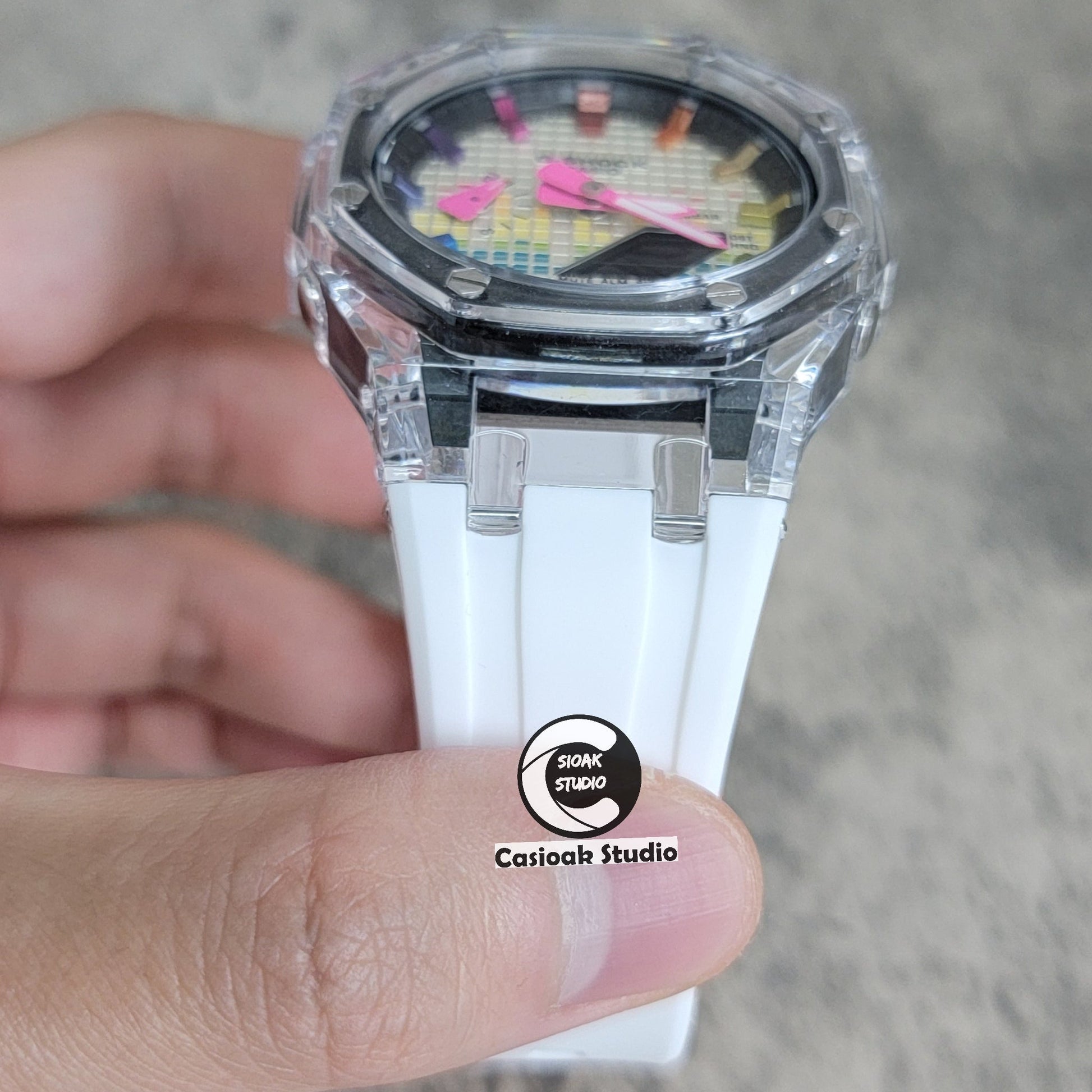 Casioak Mod Transparent Case White Strap Black Rainbow Time Mark Music Dial 44mm- Casioak Mod Casio G-Shock Royal Oak Custom Mens Luxury Watches Ga2100