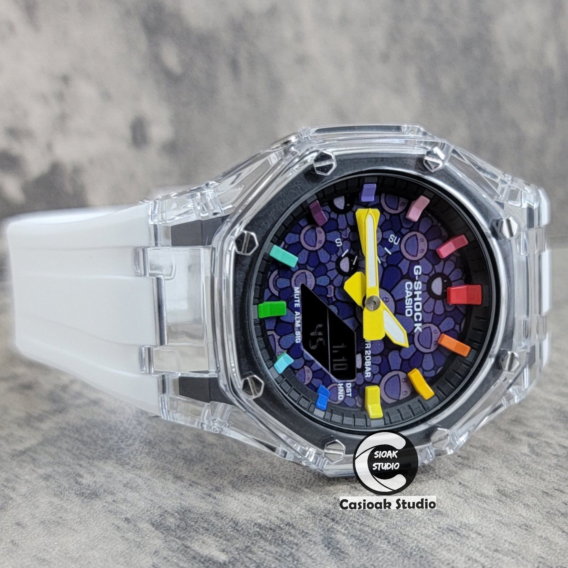 Casioak Mod Transparent Case White Strap Black Rainbow Time Mark Purple Takashi Murakami Dial 44mm- Casioak Mod Casio G-Shock Royal Oak Custom Mens Luxury Watches Ga2100