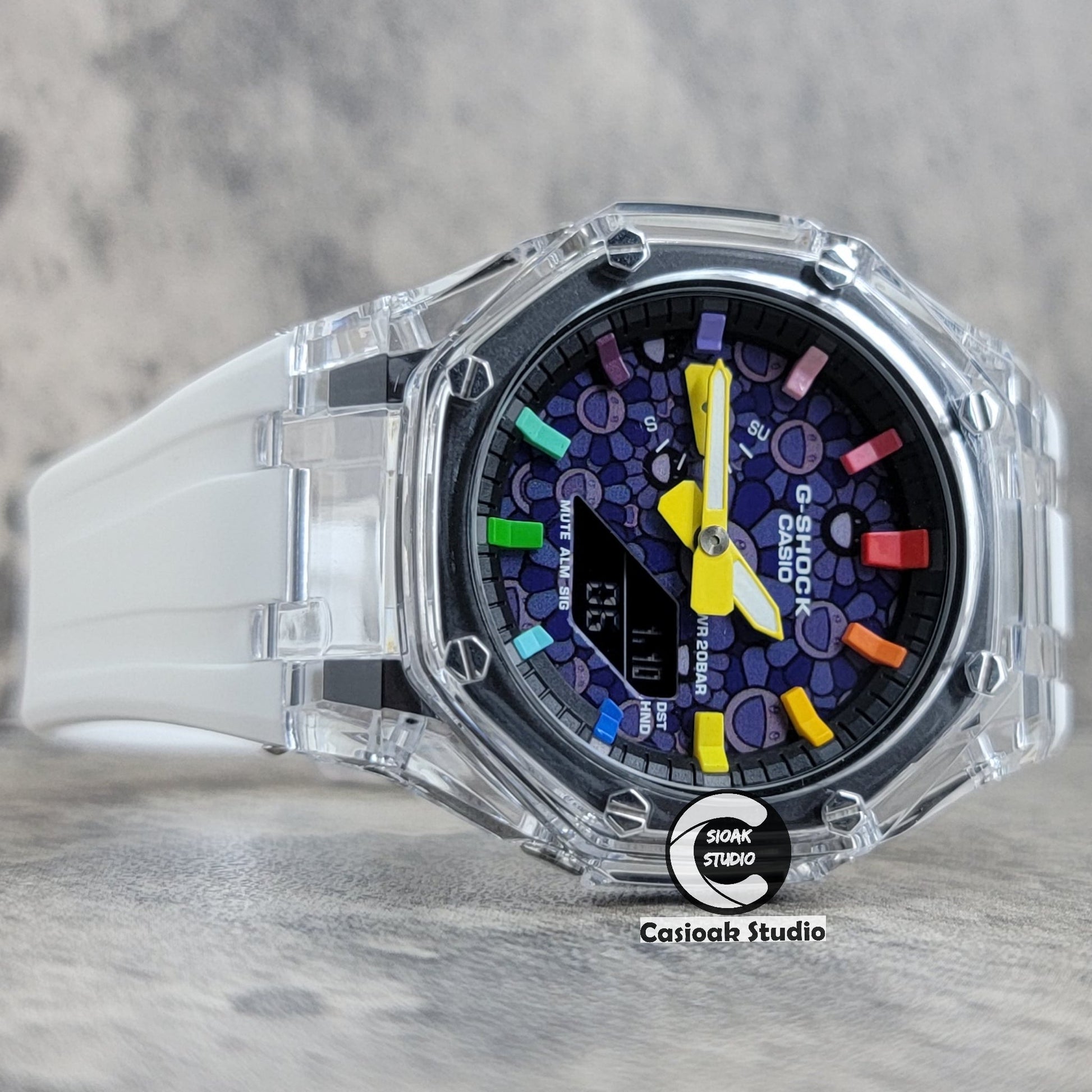 Casioak Mod Transparent Case White Strap Black Rainbow Time Mark Purple Takashi Murakami Dial 44mm- Casioak Mod Casio G-Shock Royal Oak Custom Mens Luxury Watches Ga2100