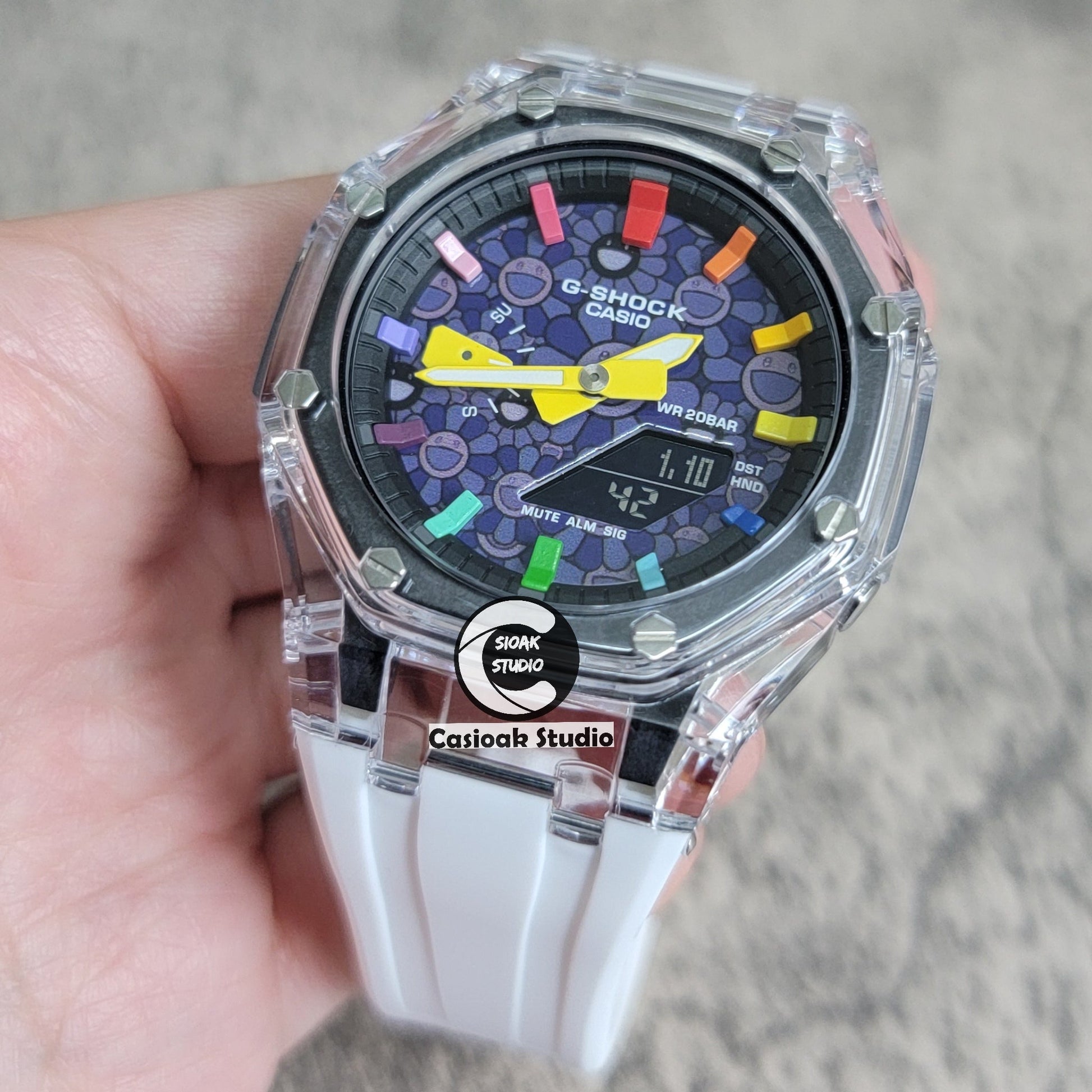 Casioak Mod Transparent Case White Strap Black Rainbow Time Mark Purple Takashi Murakami Dial 44mm- Casioak Mod Casio G-Shock Royal Oak Custom Mens Luxury Watches Ga2100