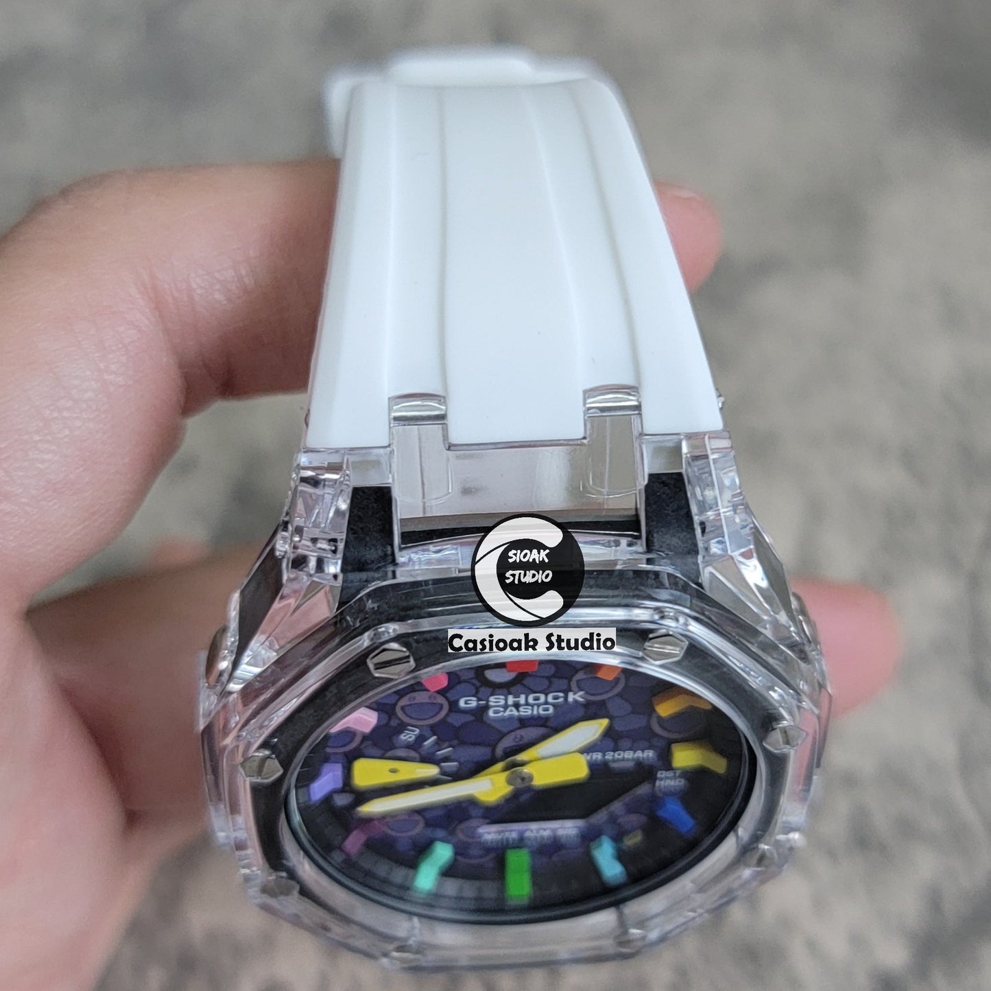 Casioak Mod Transparent Case White Strap Black Rainbow Time Mark Purple Takashi Murakami Dial 44mm- Casioak Mod Casio G-Shock Royal Oak Custom Mens Luxury Watches Ga2100