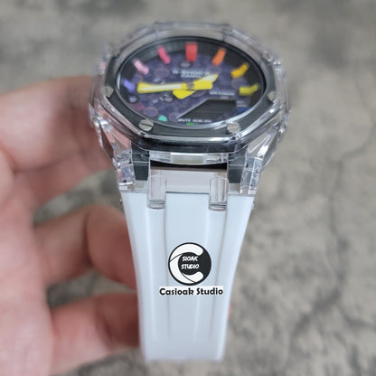 Casioak Mod Transparent Case White Strap Black Rainbow Time Mark Purple Takashi Murakami Dial 44mm- Casioak Mod Casio G-Shock Royal Oak Custom Mens Luxury Watches Ga2100