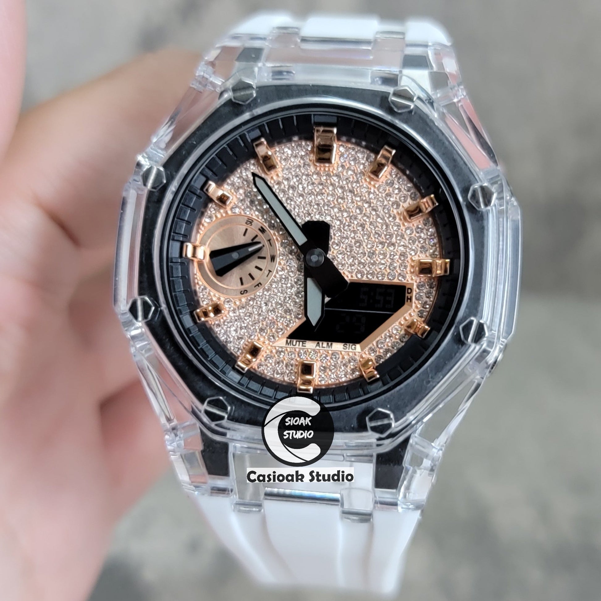 Casioak Mod Transparent Case White Strap Black Rose Gold Time Mark Rose Gold Diamond Dial 44mm- Casioak Mod Casio G-Shock Royal Oak Custom Mens Luxury Watches Ga2100