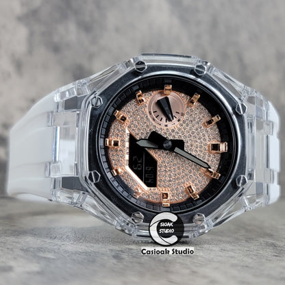 Casioak Mod Transparent Case White Strap Black Rose Gold Time Mark Rose Gold Diamond Dial 44mm- Casioak Mod Casio G-Shock Royal Oak Custom Mens Luxury Watches Ga2100