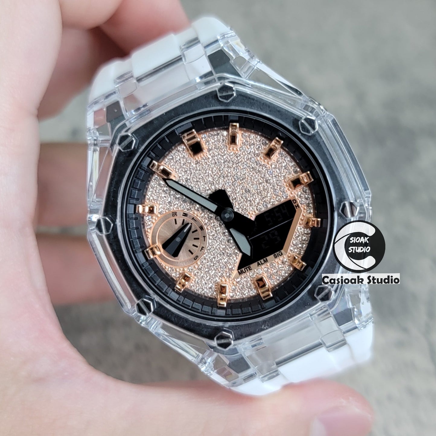 Casioak Mod Transparent Case White Strap Black Rose Gold Time Mark Rose Gold Diamond Dial 44mm- Casioak Mod Casio G-Shock Royal Oak Custom Mens Luxury Watches Ga2100