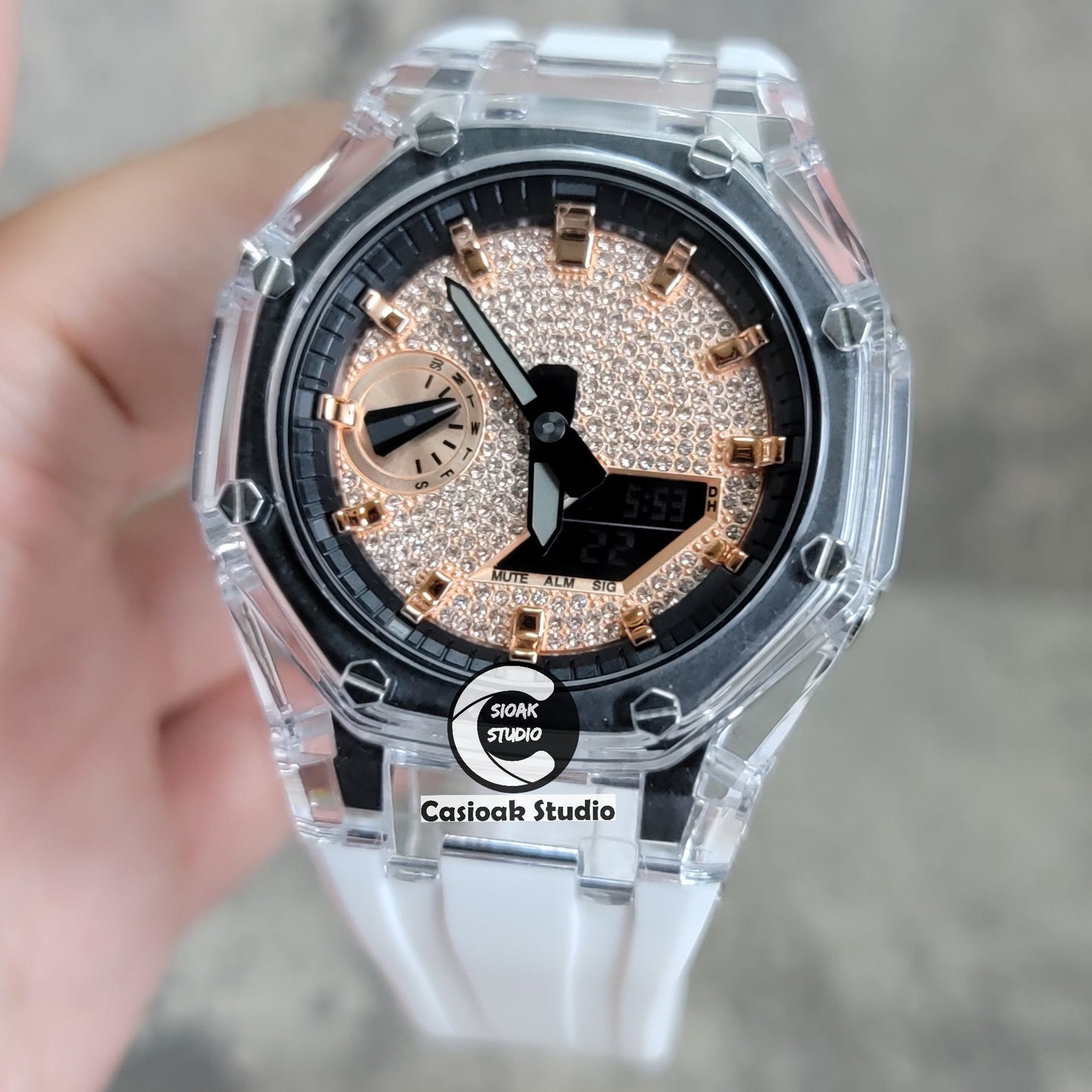 Casioak Mod Transparent Case White Strap Black Rose Gold Time Mark Rose Gold Diamond Dial 44mm- Casioak Mod Casio G-Shock Royal Oak Custom Mens Luxury Watches Ga2100