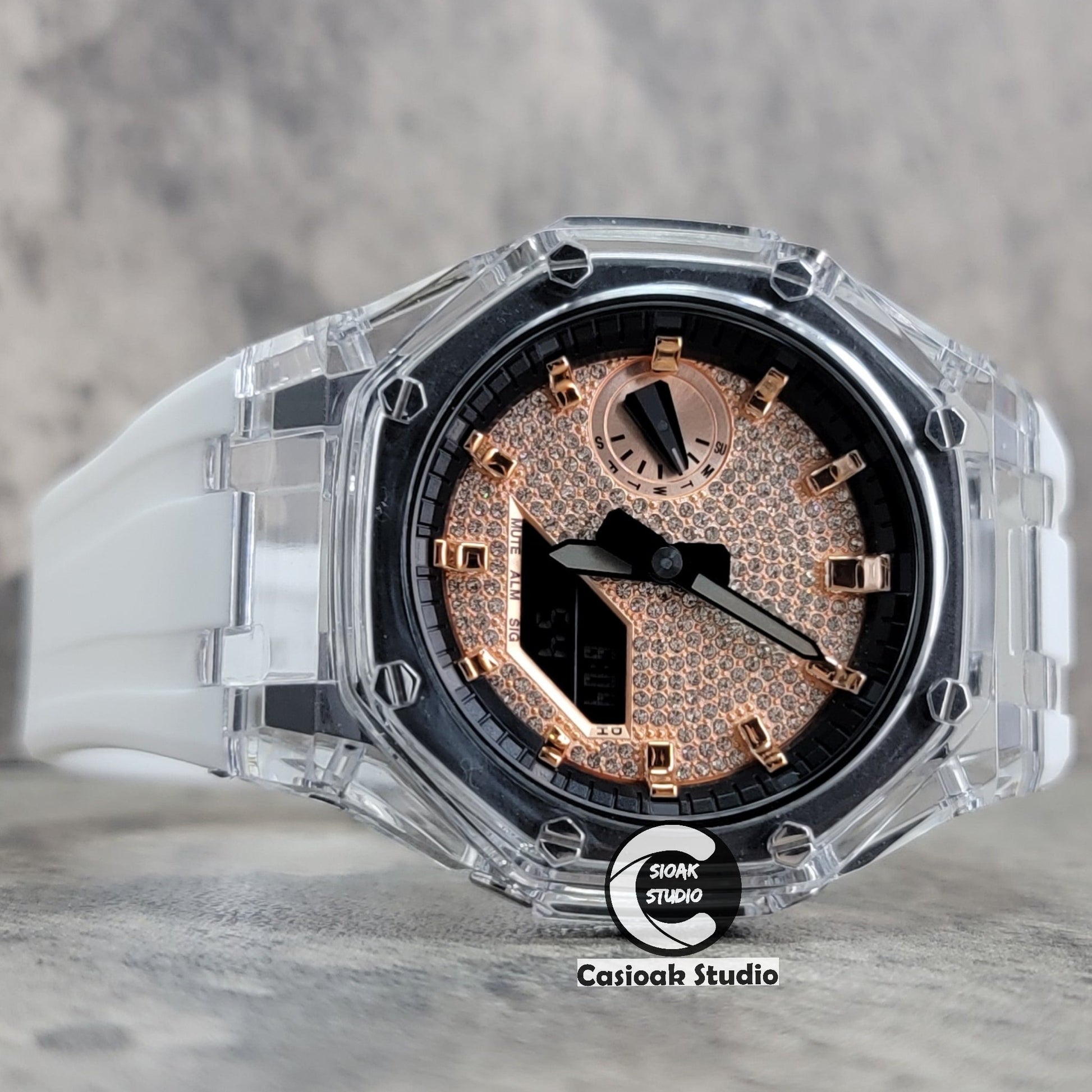 Casioak Mod Transparent Case White Strap Black Rose Gold Time Mark Rose Gold Diamond Dial 44mm- Casioak Mod Casio G-Shock Royal Oak Custom Mens Luxury Watches Ga2100