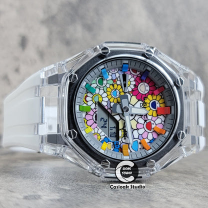 Casioak Mod Transparent Case White Strap Gray Rainbow Time Mark Takashi Murakami Dial 44mm- Casioak Mod Casio G-Shock Royal Oak Custom Mens Luxury Watches Ga2100