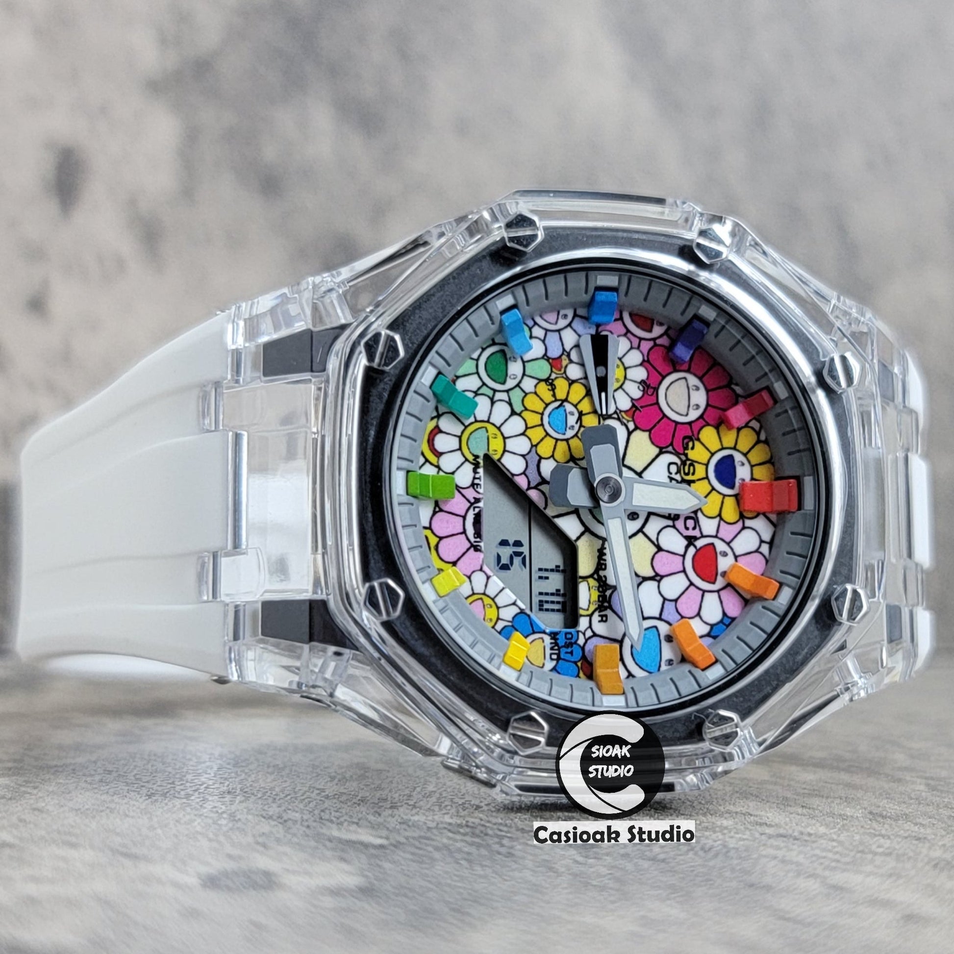 Casioak Mod Transparent Case White Strap Gray Rainbow Time Mark Takashi Murakami Dial 44mm- Casioak Mod Casio G-Shock Royal Oak Custom Mens Luxury Watches Ga2100