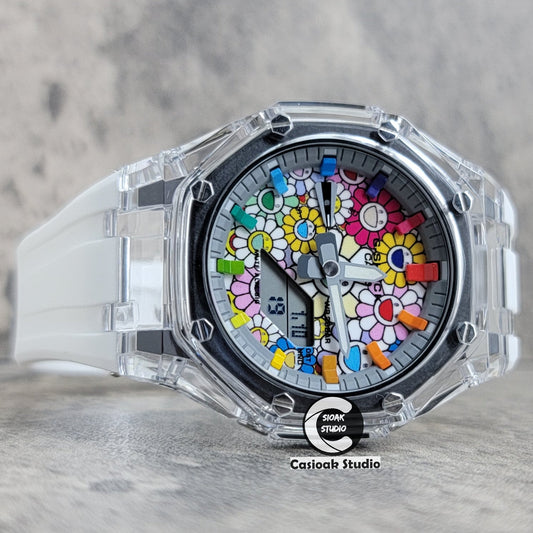 Casioak Mod Transparent Case White Strap Gray Rainbow Time Mark Takashi Murakami Dial 44mm- Casioak Mod Casio G-Shock Royal Oak Custom Mens Luxury Watches Ga2100