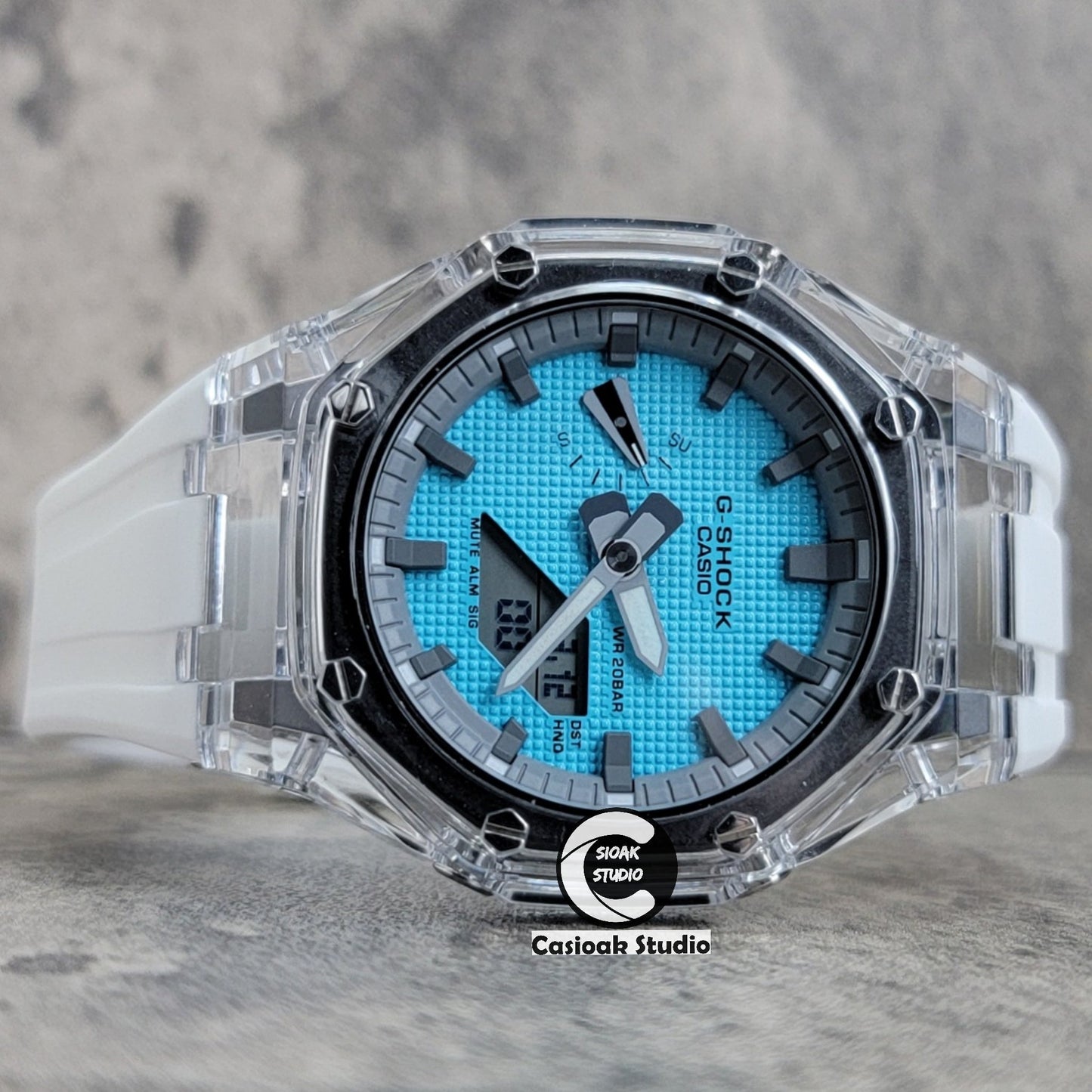 Casioak Mod Transparent Case White Strap Gray Time Mark Tiff Blue Waffle Dial 44mm- Casioak Mod Casio G-Shock Royal Oak Custom Mens Luxury Watches Ga2100