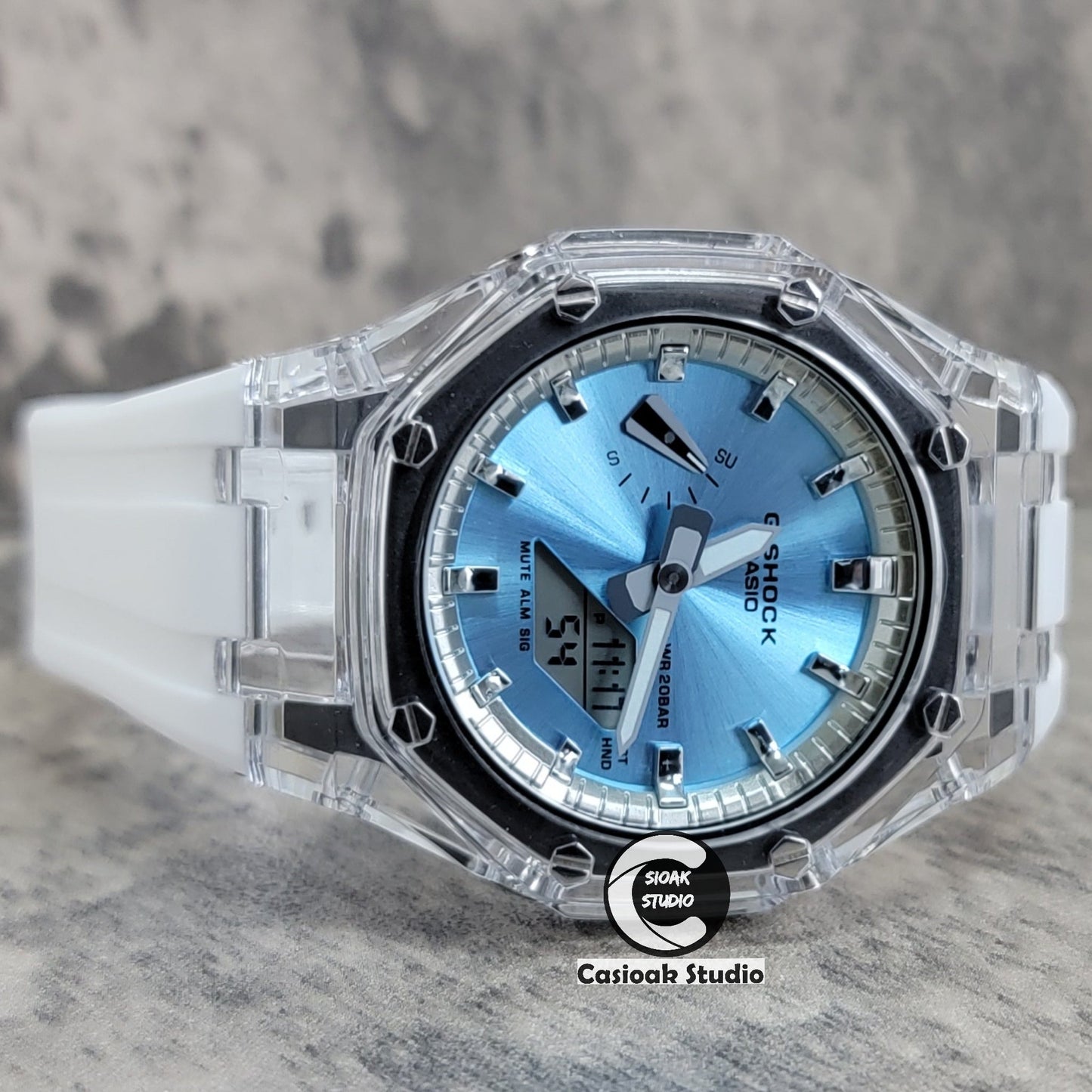 Casioak Mod Transparent Case White Strap Silver Time Mark Ice Blue Dial 44mm- Casioak Mod Casio G-Shock Royal Oak Custom Mens Luxury Watches Ga2100