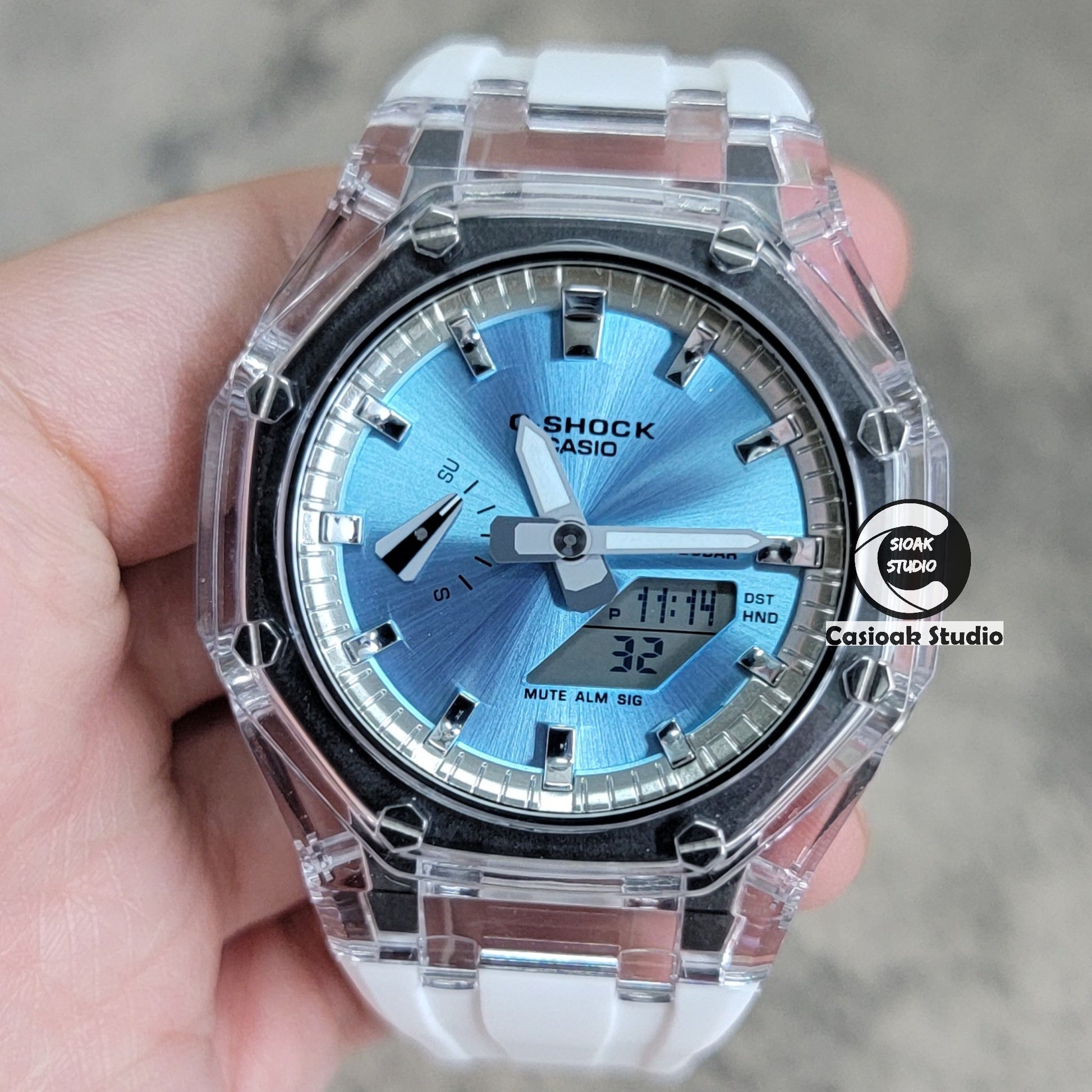 Casioak Mod Transparent Case White Strap Silver Time Mark Ice Blue Dial 44mm- Casioak Mod Casio G-Shock Royal Oak Custom Mens Luxury Watches Ga2100