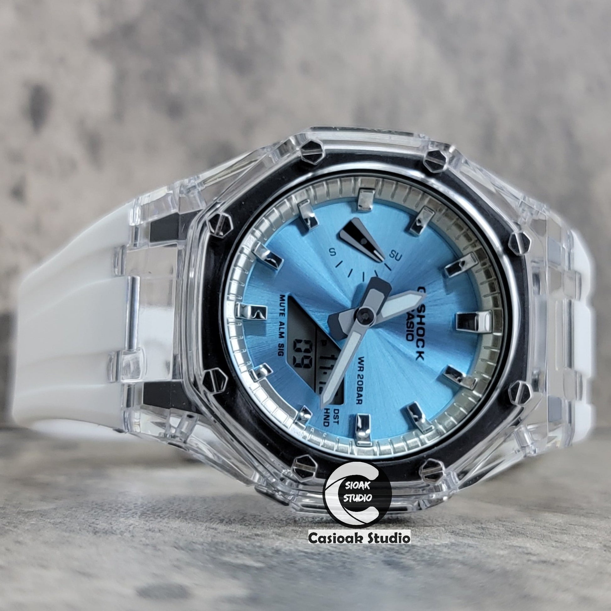 Casioak Mod Transparent Case White Strap Silver Time Mark Ice Blue Dial 44mm- Casioak Mod Casio G-Shock Royal Oak Custom Mens Luxury Watches Ga2100