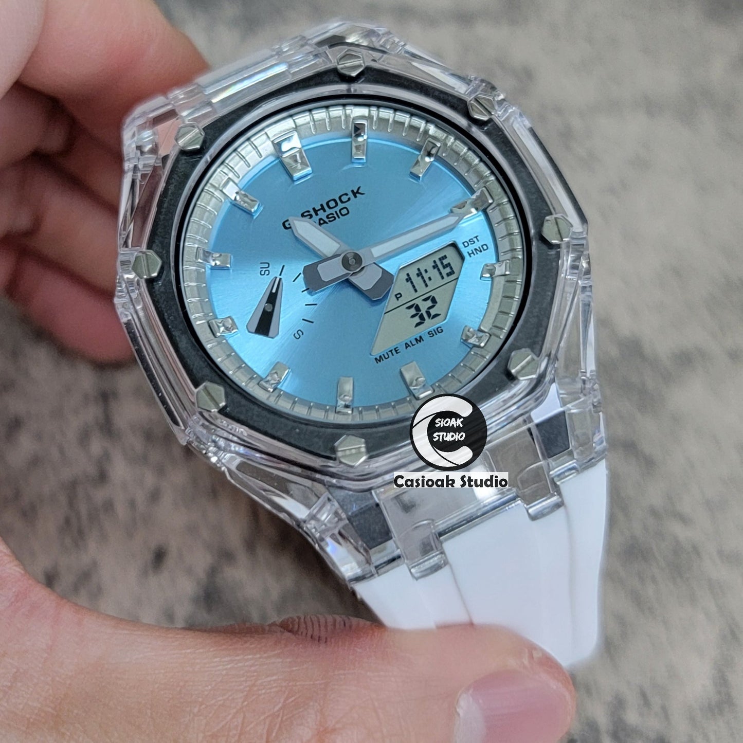 Casioak Mod Transparent Case White Strap Silver Time Mark Ice Blue Dial 44mm- Casioak Mod Casio G-Shock Royal Oak Custom Mens Luxury Watches Ga2100