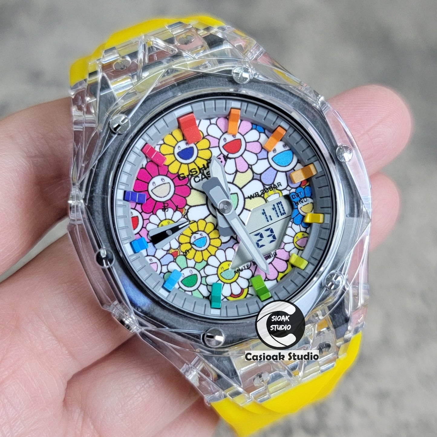 Casioak Mod Transparent Case Yellow Strap Gray Rainbow Time Mark Takashi Murakami Dial 44mm- Casioak Mod Casio G-Shock Royal Oak Custom Mens Luxury Watches Ga2100