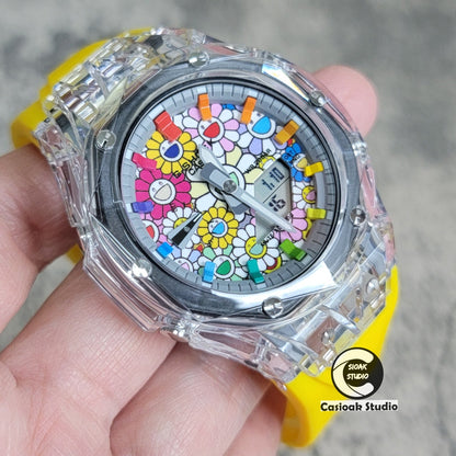 Casioak Mod Transparent Case Yellow Strap Gray Rainbow Time Mark Takashi Murakami Dial 44mm- Casioak Mod Casio G-Shock Royal Oak Custom Mens Luxury Watches Ga2100