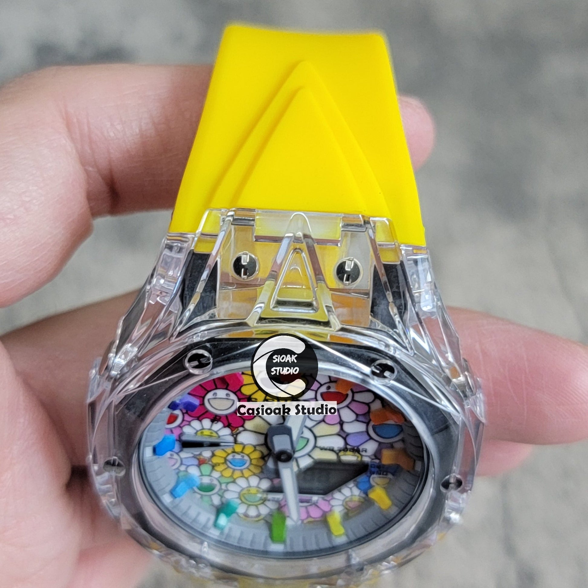 Casioak Mod Transparent Case Yellow Strap Gray Rainbow Time Mark Takashi Murakami Dial 44mm- Casioak Mod Casio G-Shock Royal Oak Custom Mens Luxury Watches Ga2100