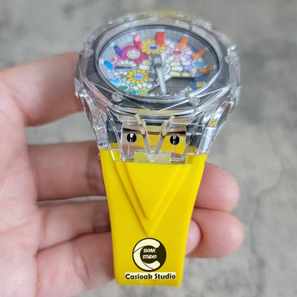 Casioak Mod Transparent Case Yellow Strap Gray Rainbow Time Mark Takashi Murakami Dial 44mm- Casioak Mod Casio G-Shock Royal Oak Custom Mens Luxury Watches Ga2100