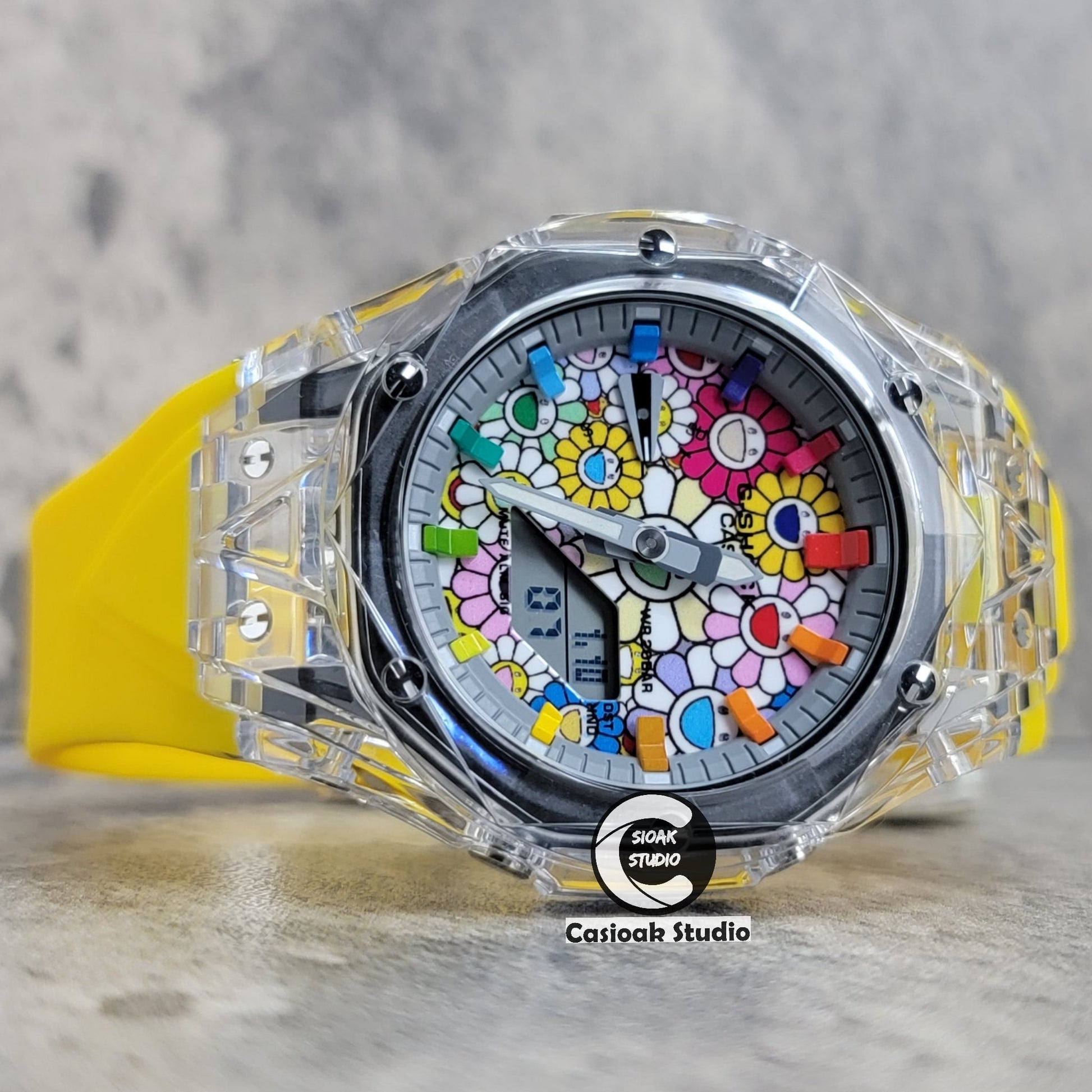 Casioak Mod Transparent Case Yellow Strap Gray Rainbow Time Mark Takashi Murakami Dial 44mm- Casioak Mod Casio G-Shock Royal Oak Custom Mens Luxury Watches Ga2100