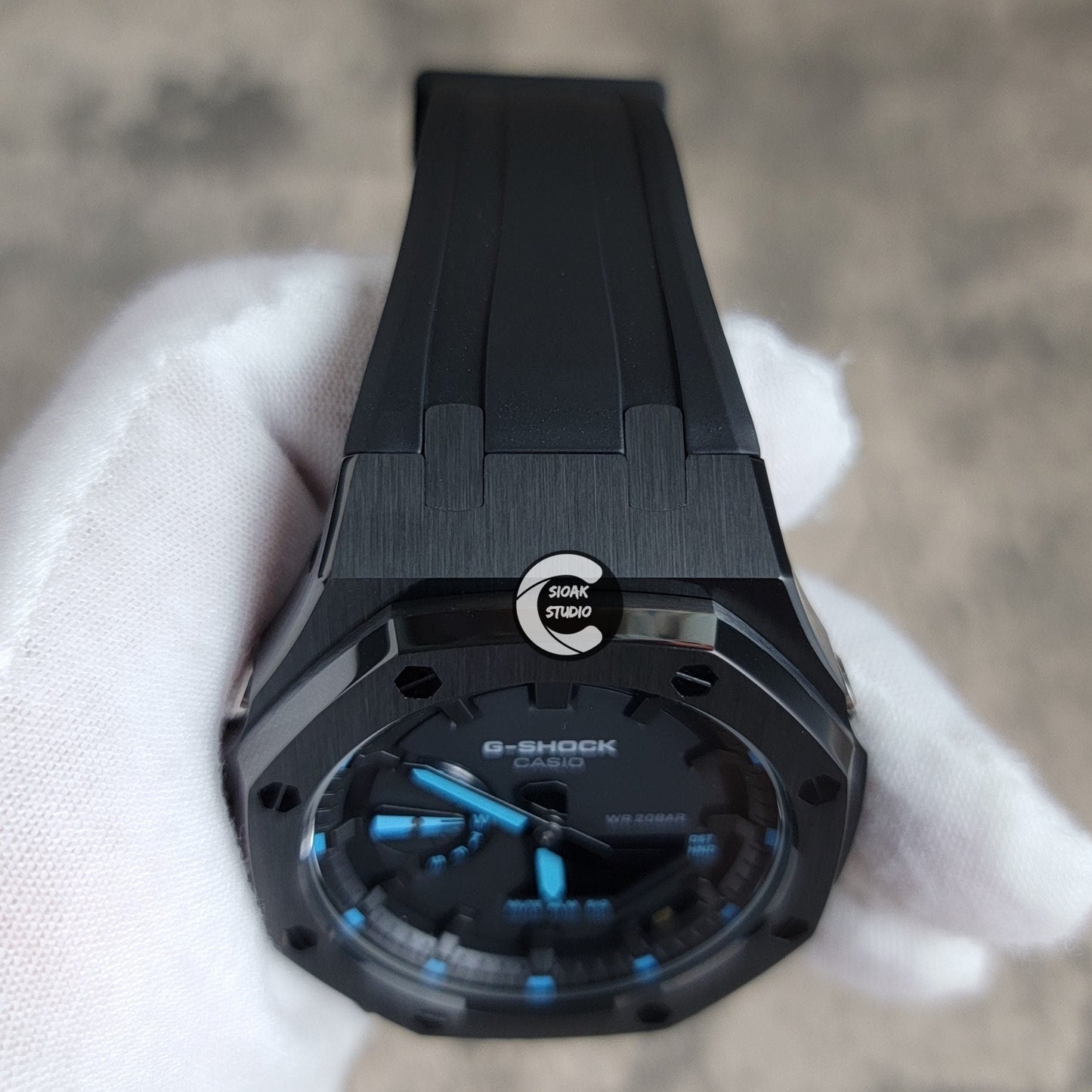 Casioak Mod Watch Black Case Black Rubber Strap Black Black Time Mark Black Dial Blue 44mm- Casioak Mod Casio G-Shock Royal Oak Custom Mens Luxury Watches Ga2100