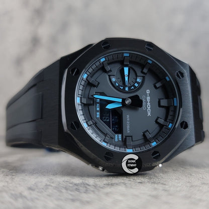 Casioak Mod Watch Black Case Black Rubber Strap Black Black Time Mark Black Dial Blue 44mm- Casioak Mod Casio G-Shock Royal Oak Custom Mens Luxury Watches Ga2100