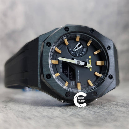 Casioak Mod Watch Black Case Black Rubber Strap Black Gold Time Mark Black Dial 44mm- Casioak Mod Casio G-Shock Royal Oak Custom Mens Luxury Watches Ga2100