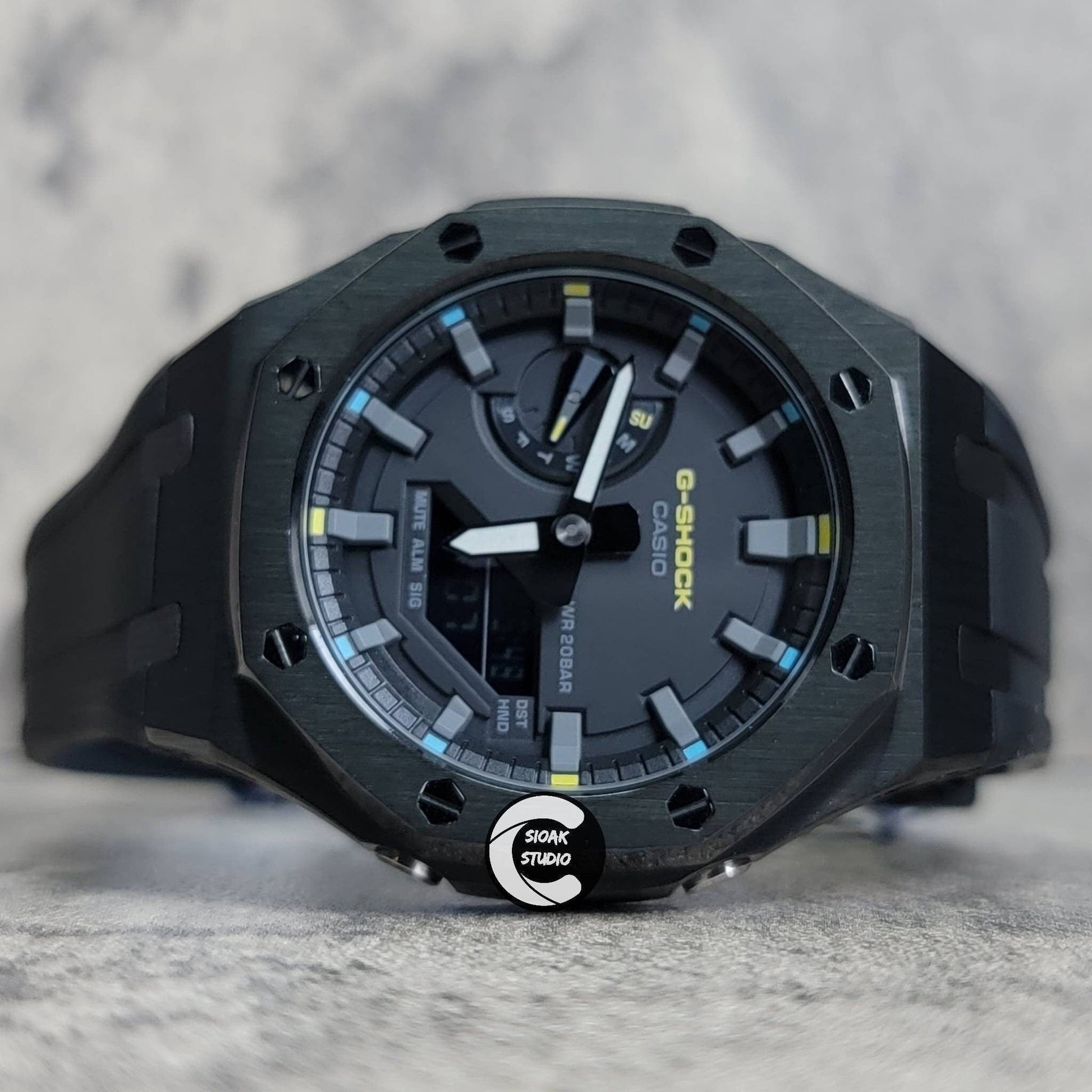 Casioak Mod Watch Black Case Black Rubber Strap Black Gray Time Mark Black Dial 44mm- Casioak Mod Casio G-Shock Royal Oak Custom Mens Luxury Watches Ga2100