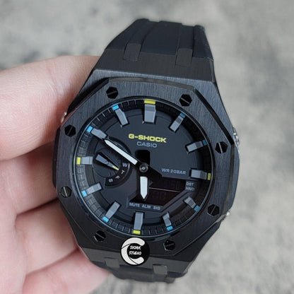 Casioak Mod Watch Black Case Black Rubber Strap Black Gray Time Mark Black Dial 44mm- Casioak Mod Casio G-Shock Royal Oak Custom Mens Luxury Watches Ga2100