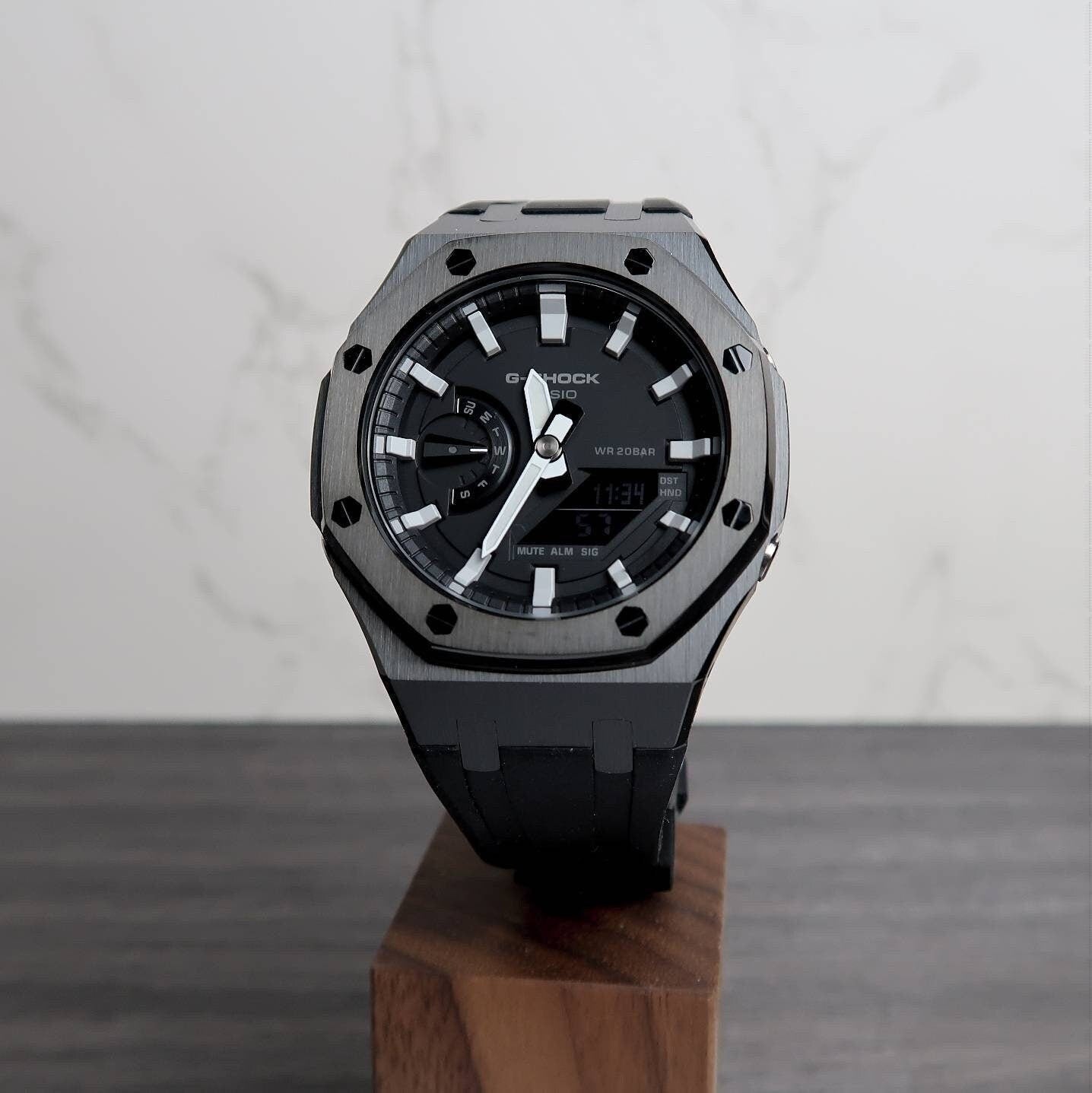 Casioak Mod Watch Black Case Black Rubber Strap Black Gray Time Mark Black Dial 44mm- Casioak Mod Casio G-Shock Royal Oak Custom Mens Luxury Watches Ga2100