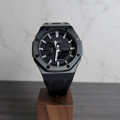 Casioak Mod Watch Black Case Black Rubber Strap Black Gray Time Mark Black Dial 44mm- Casioak Mod Casio G-Shock Royal Oak Custom Mens Luxury Watches Ga2100