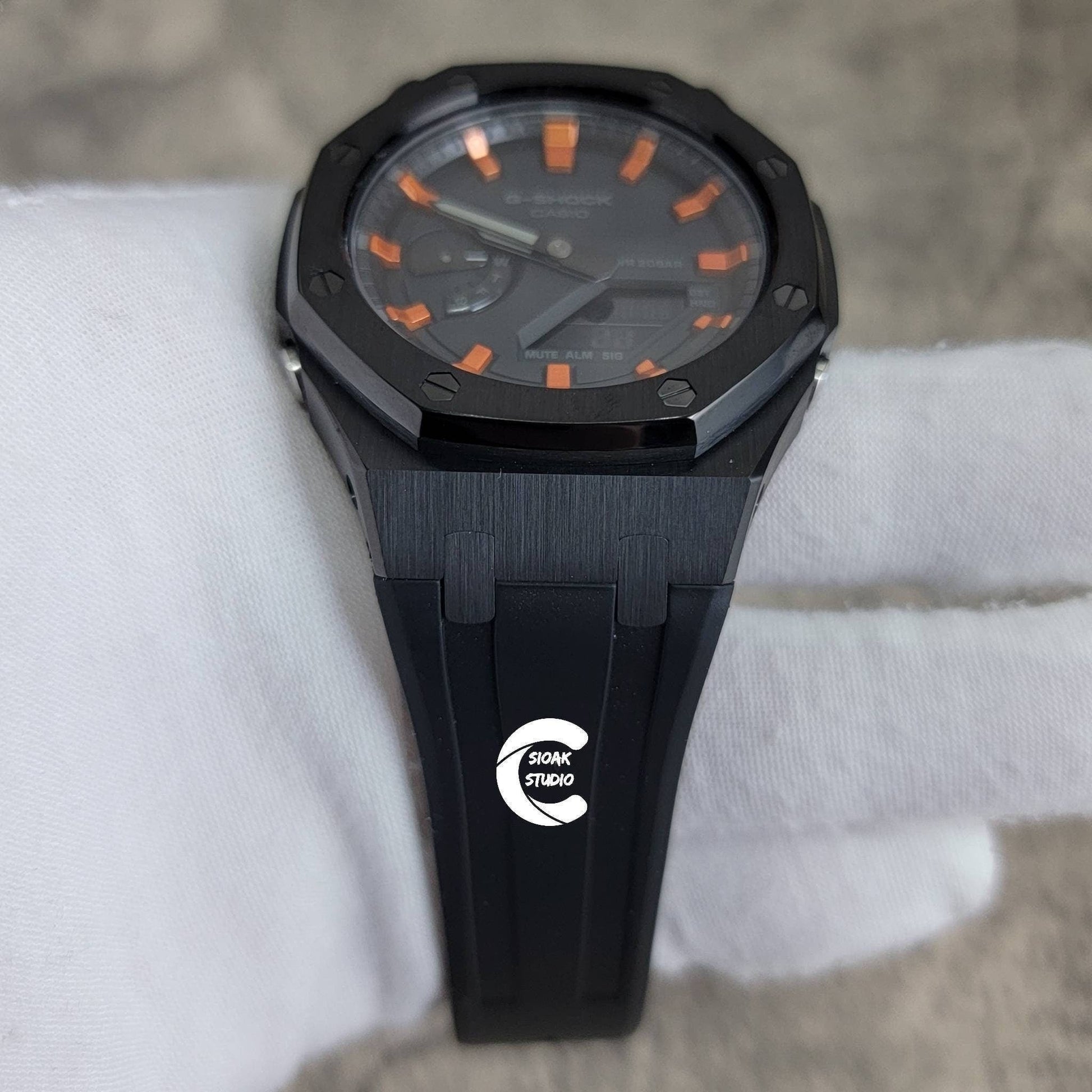 Casioak Mod Watch Black Case Black Rubber Strap Black Orange Time Mark Black Dial 44mm- Casioak Mod Casio G-Shock Royal Oak Custom Mens Luxury Watches Ga2100