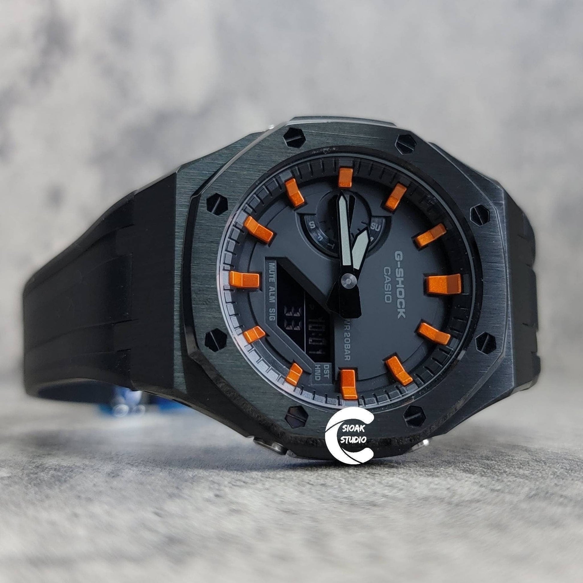 Casioak Mod Watch Black Case Black Rubber Strap Black Orange Time Mark Black Dial 44mm- Casioak Mod Casio G-Shock Royal Oak Custom Mens Luxury Watches Ga2100