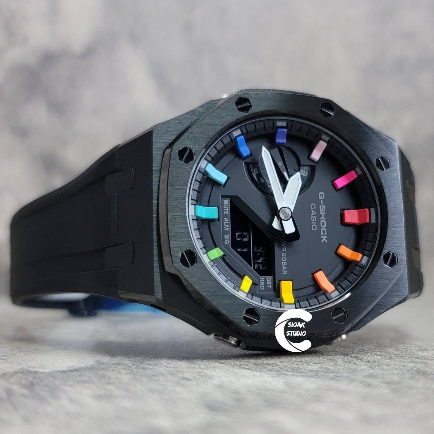 Casioak Mod Watch Black Case Black Rubber Strap Black Rainbow Time Mark Black Dial 44mm- Casioak Mod Casio G-Shock Royal Oak Custom Mens Luxury Watches Ga2100