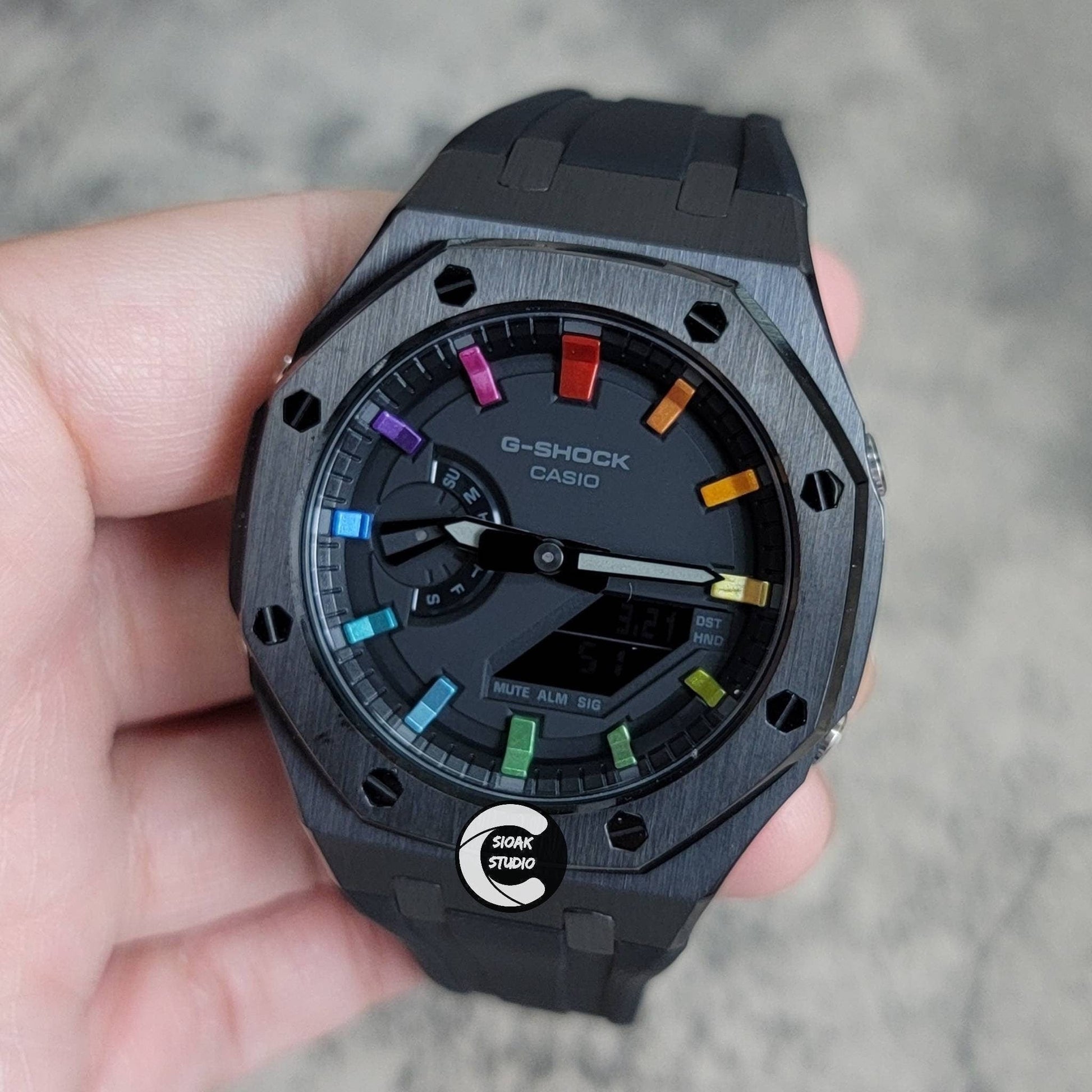 Casioak Mod Watch Black Case Black Rubber Strap Black Rainbow Time Mark Black Dial 44mm- Casioak Mod Casio G-Shock Royal Oak Custom Mens Luxury Watches Ga2100