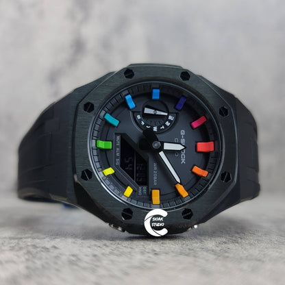 Casioak Mod Watch Black Case Black Rubber Strap Black Rainbow Time Mark Black Dial 44mm- Casioak Mod Casio G-Shock Royal Oak Custom Mens Luxury Watches Ga2100