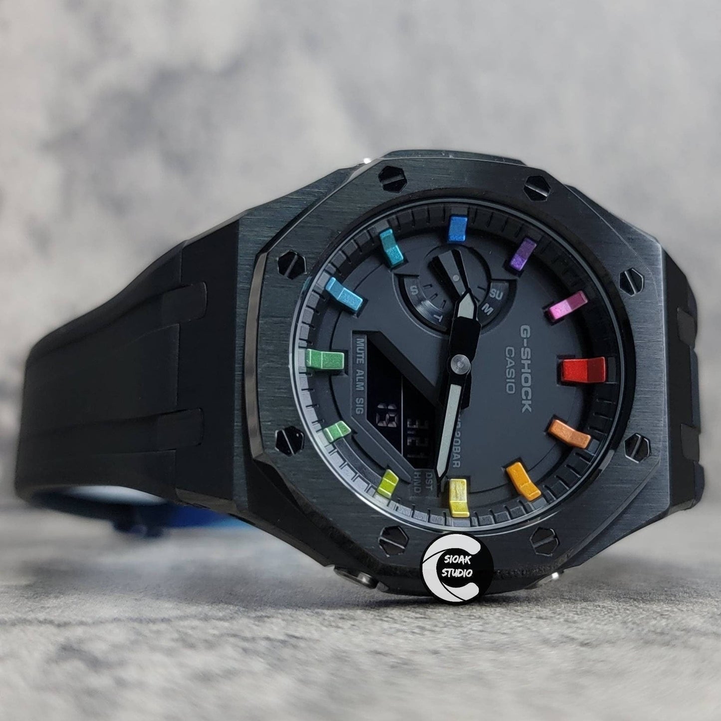 Casioak Mod Watch Black Case Black Rubber Strap Black Rainbow Time Mark Black Dial 44mm- Casioak Mod Casio G-Shock Royal Oak Custom Mens Luxury Watches Ga2100