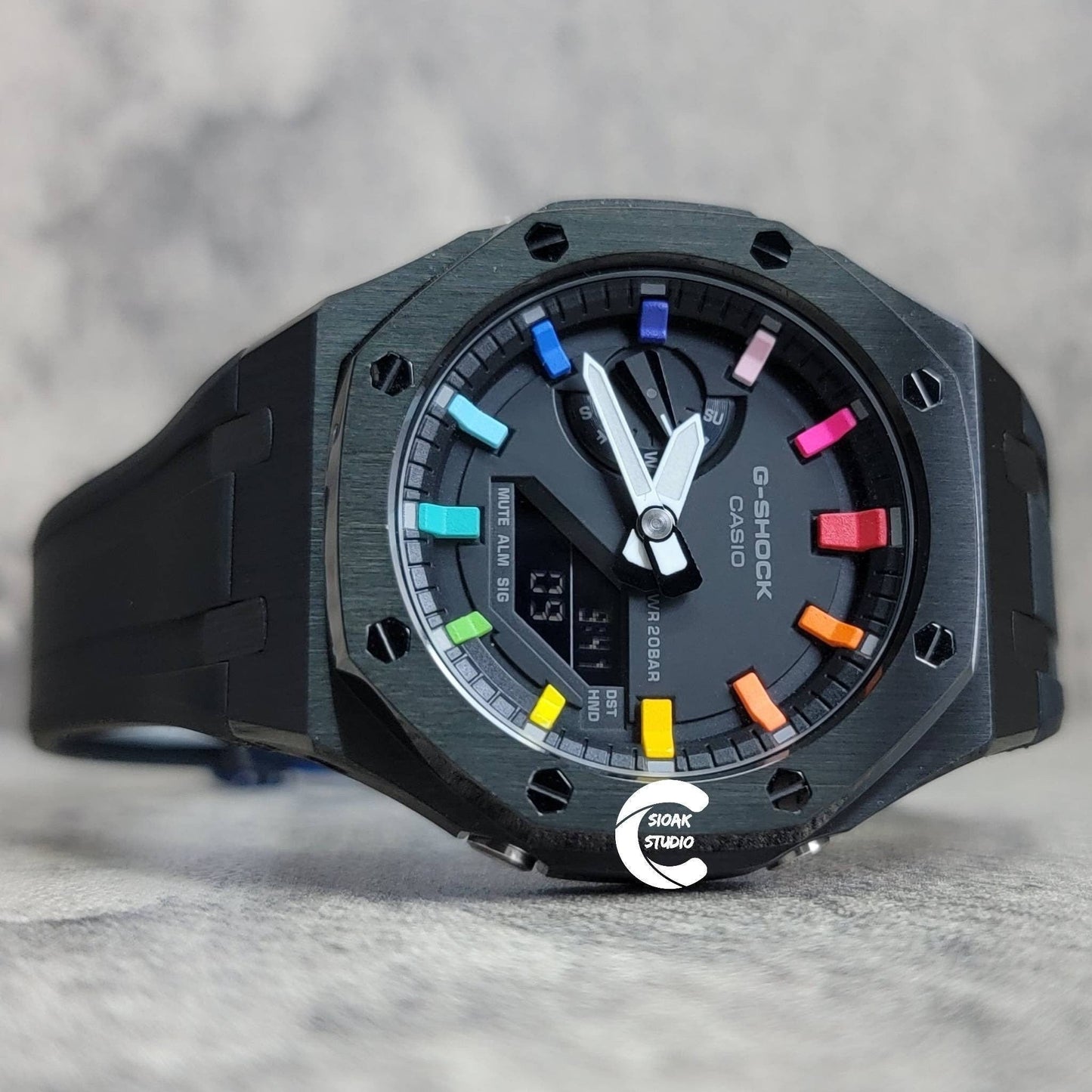 Casioak Mod Watch Black Case Black Rubber Strap Black Rainbow Time Mark Black Dial 44mm- Casioak Mod Casio G-Shock Royal Oak Custom Mens Luxury Watches Ga2100